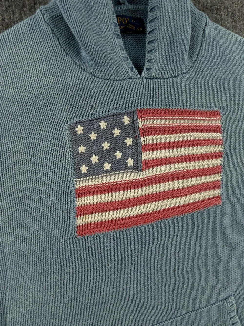 Polo Ralph Lauren Flag Sweater Girls XL 18-20 Graphic Cotton Hooded Light Blue